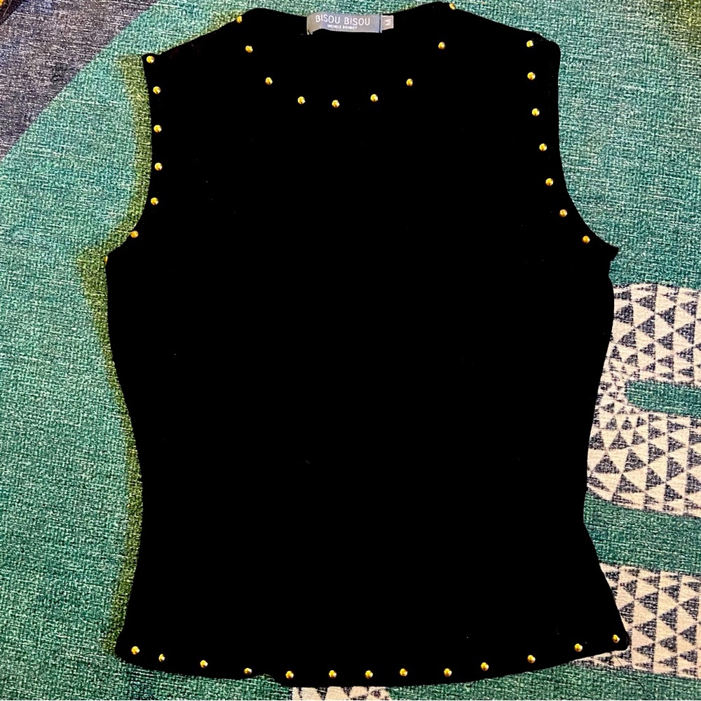 Vintage Bisou Bisou Black Studded Crop Muscle Tank Top Medium
